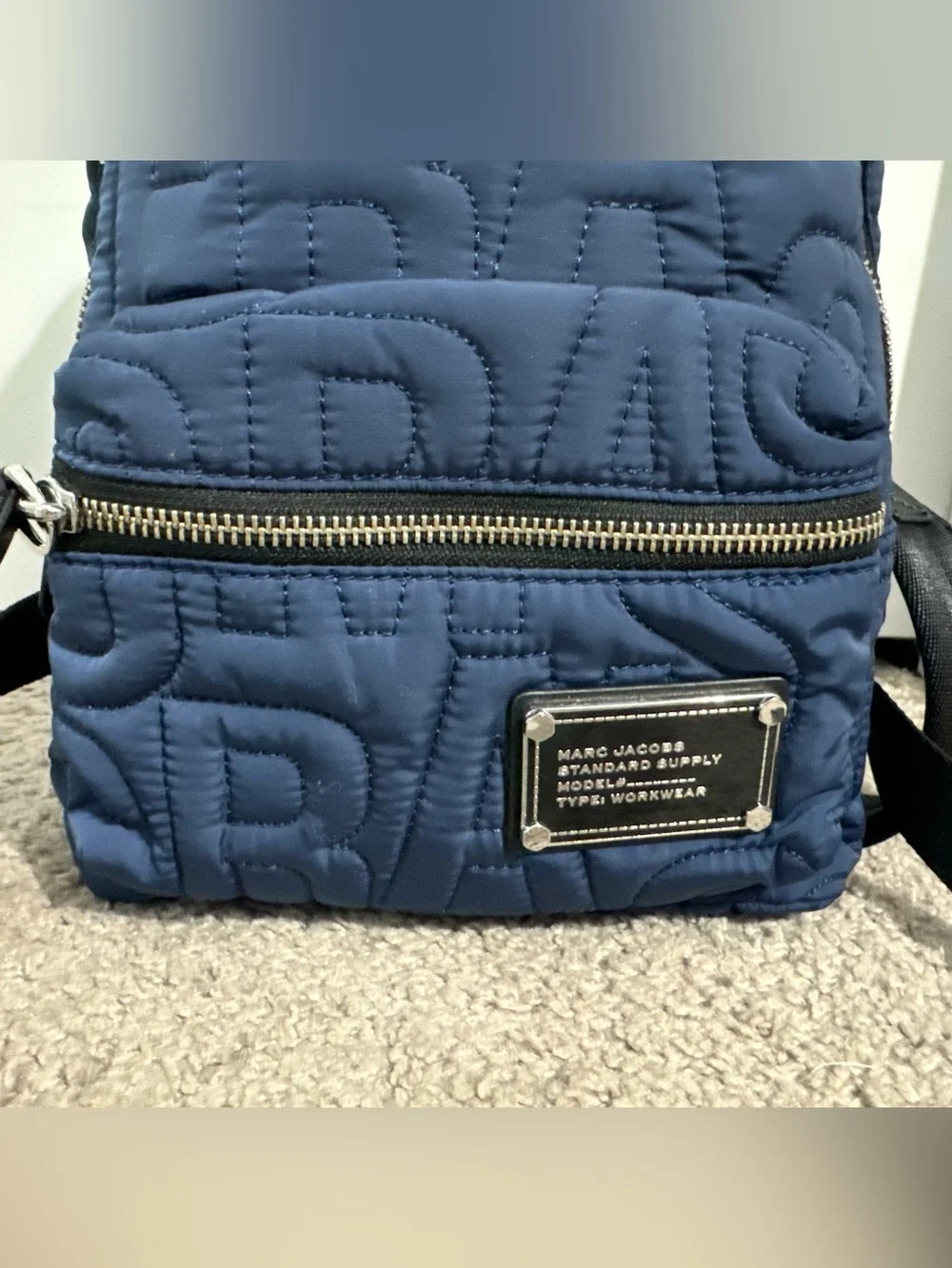 Cool Marc Jacobs navy blue quilted logo medium size backpack new